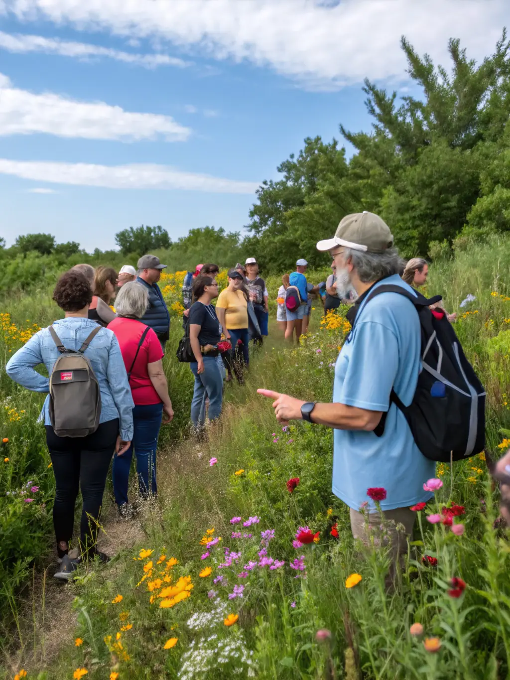 An image depicting a group of participants actively involved in a hands-on activity during a nature walk, such as identifying plant species or collecting samples for observation, emphasizing the educational aspect.