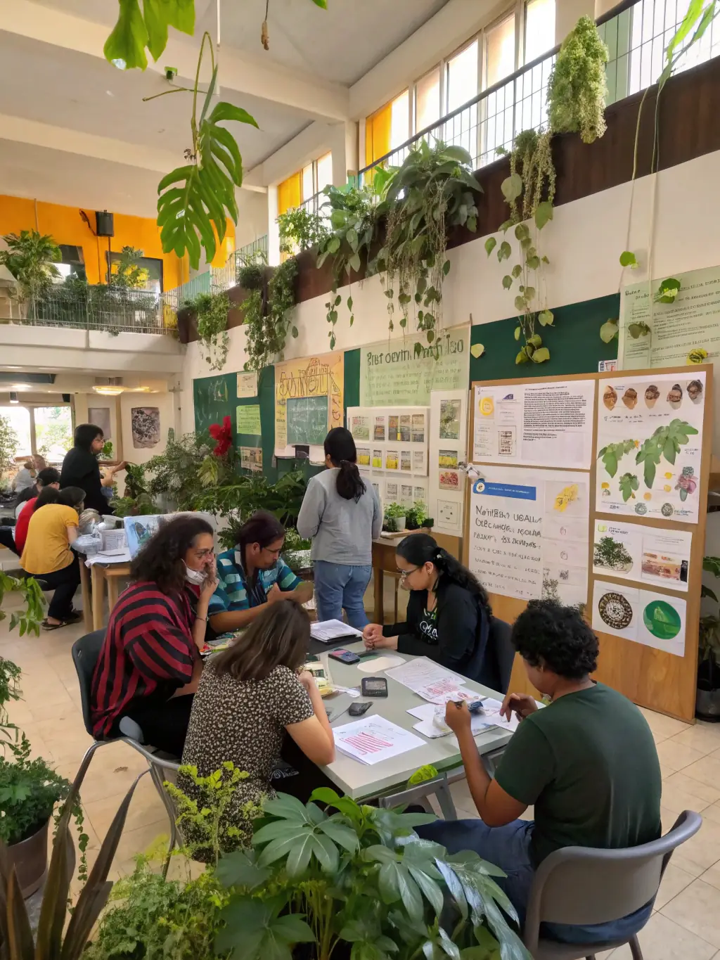 A photo of participants attending a workshop on sustainable gardening practices, learning about organic farming techniques and composting methods.