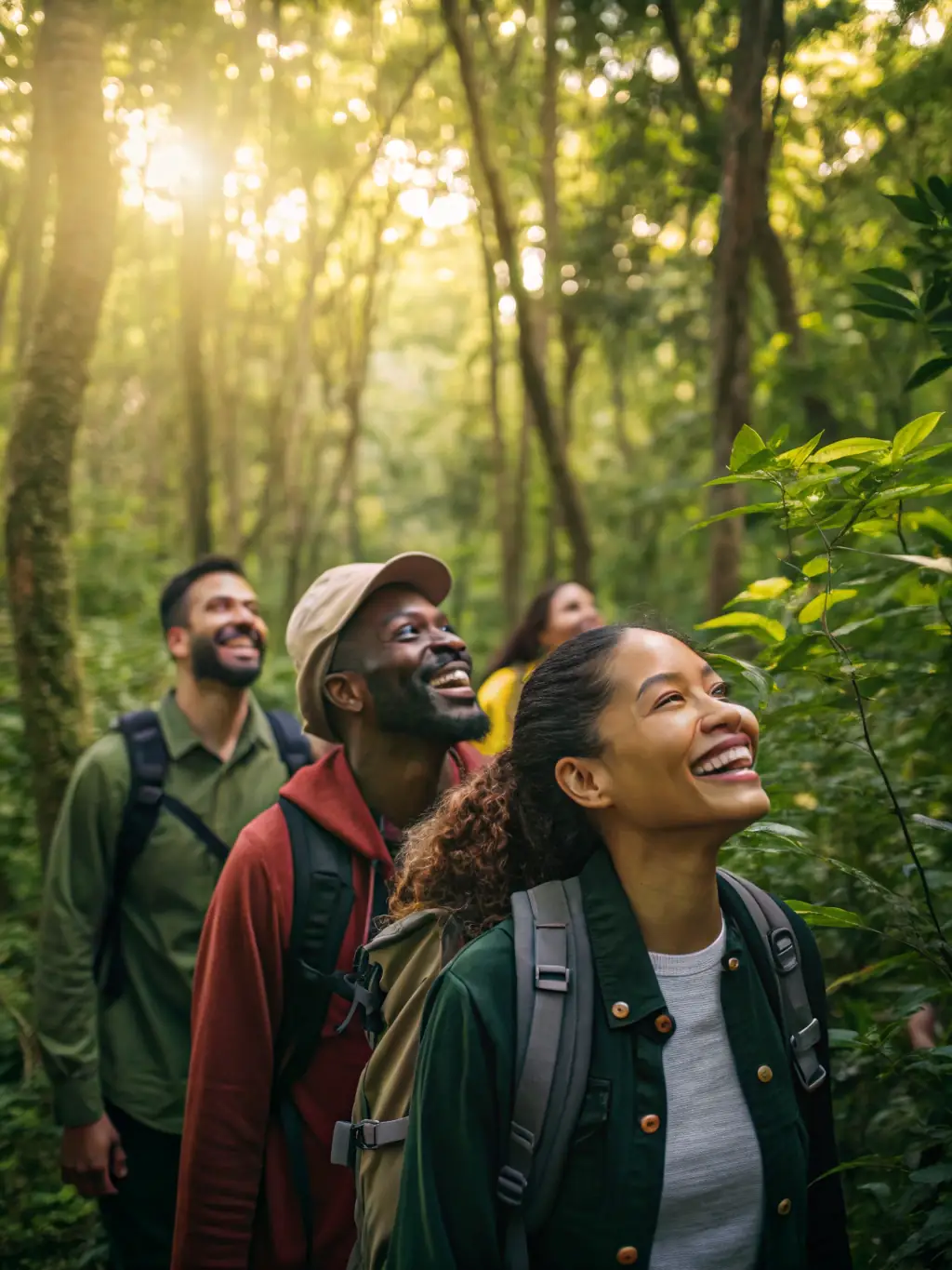 A photograph showing a diverse group of people connecting and interacting positively during a nature walk, emphasizing the sense of community and shared appreciation for the environment.