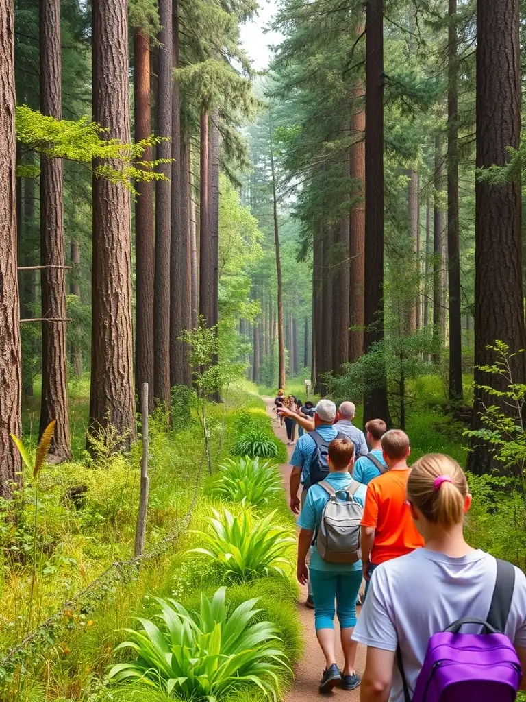 A photograph of a group of people participating in a guided nature walk through a coastal marsh, led by a naturalist pointing out different plant species.