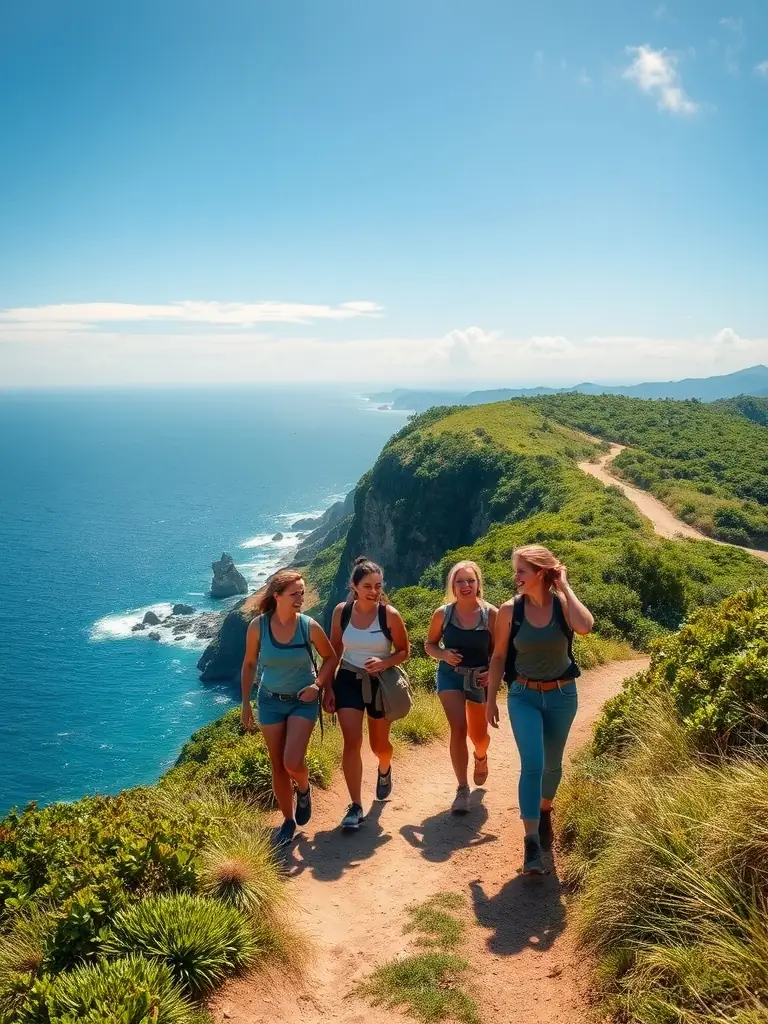A photograph capturing a group of people of various ages, smiling and engaged, as they participate in a guided nature walk through a vibrant coastal ecosystem, focusing on the interaction with the environment and the guide.