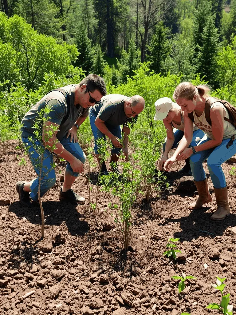 An image showcasing volunteers planting native trees in a deforested area, emphasizing the organization's commitment to reforestation and habitat restoration.
