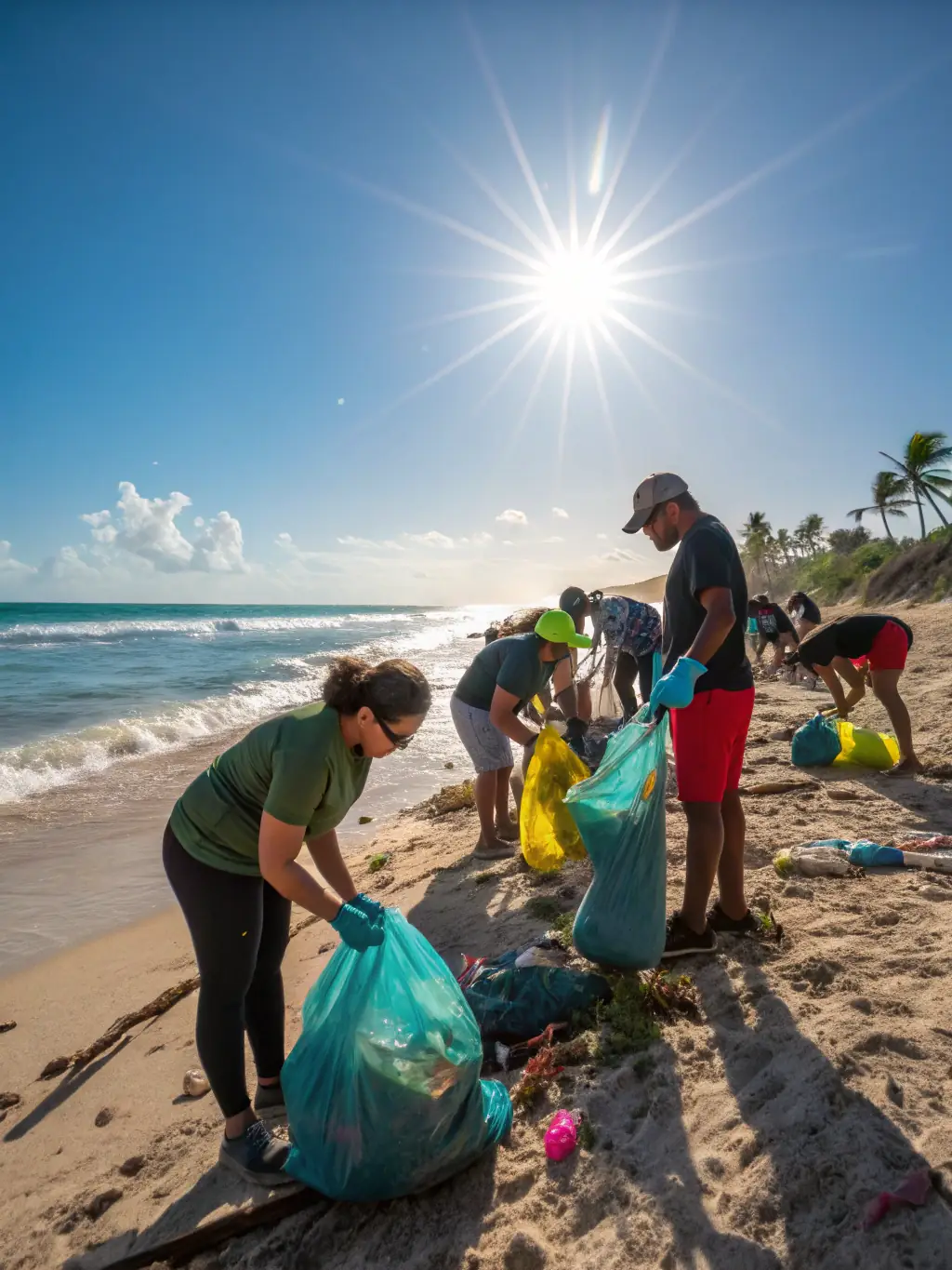 A picture depicting a community cleanup event at a local beach, with volunteers collecting trash and debris to protect marine life and coastal ecosystems.