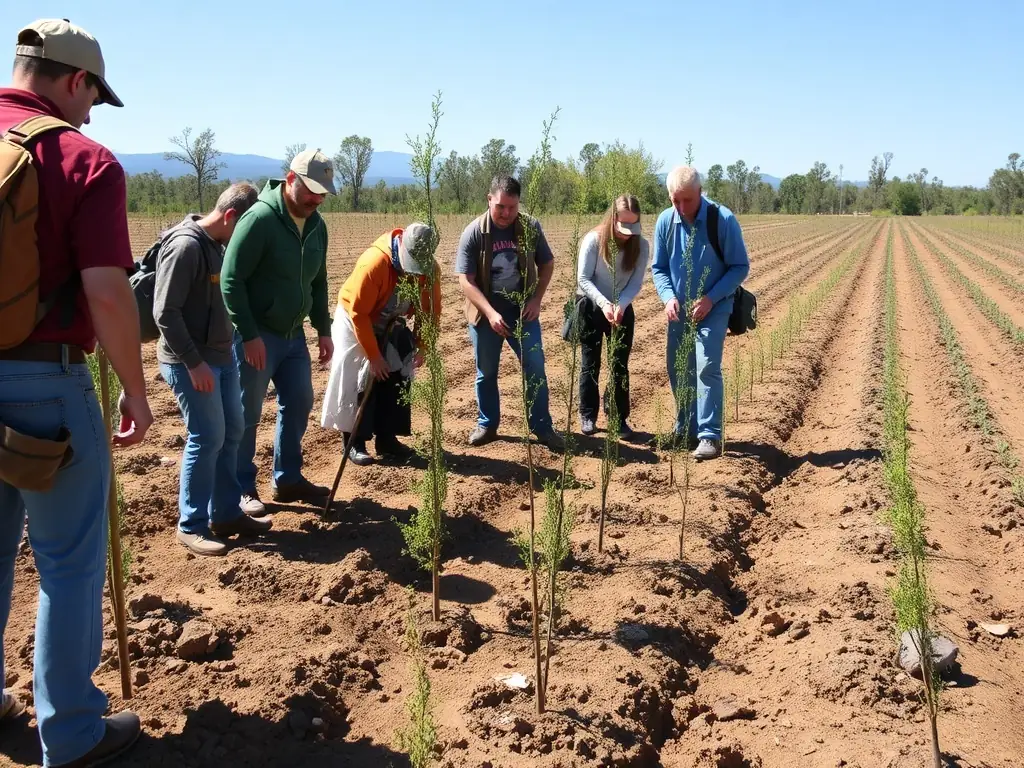 A vibrant photograph showcasing volunteers participating in a community tree-planting event, contributing to reforestation and habitat restoration efforts.