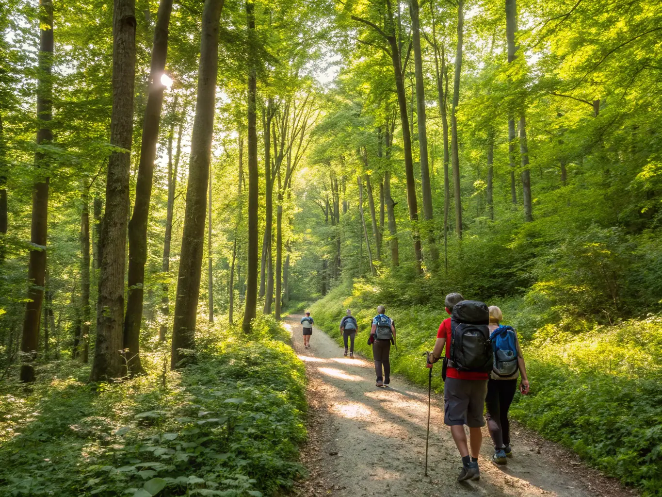 A scenic image of a guided nature walk through a lush forest, with participants observing and learning about various plant species and wildlife.