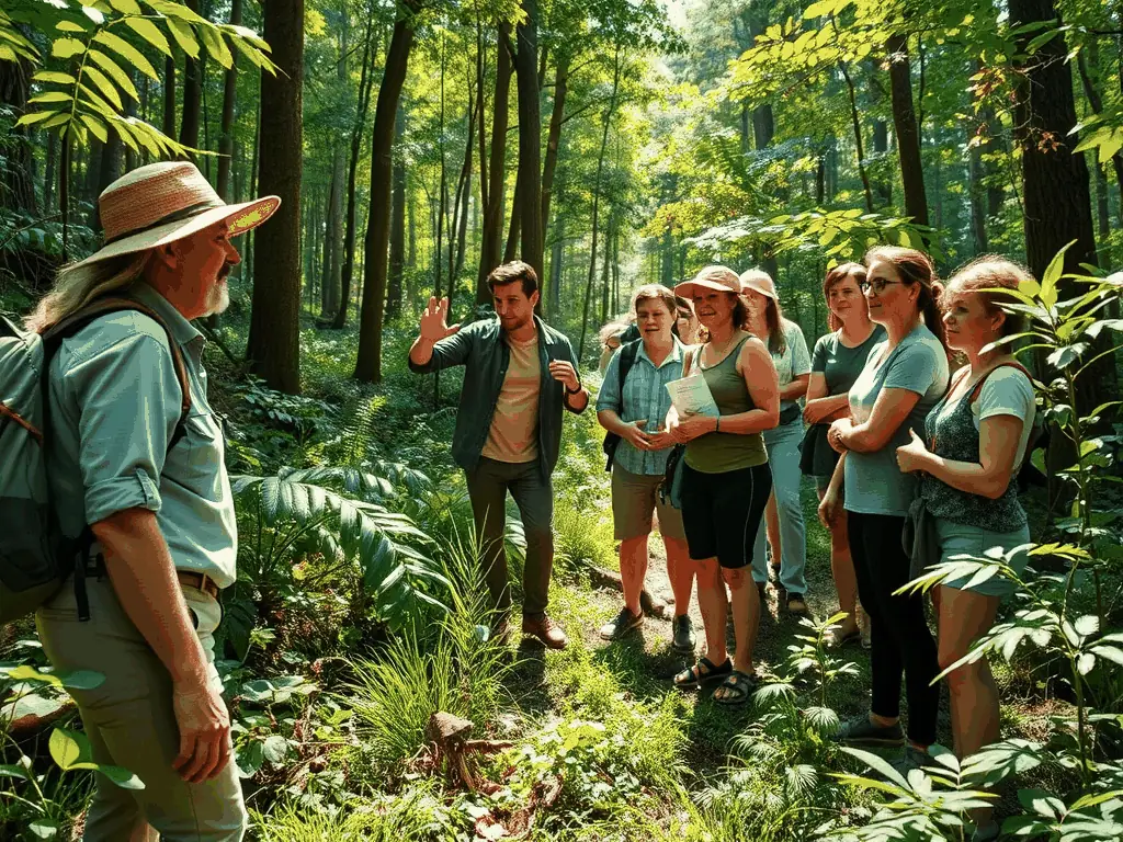 A group of people of different ages are walking through a lush forest, led by a guide who is pointing out various plants and explaining their properties. The sun filters through the trees, creating a dappled light effect. This image represents the guided nature walks offered by A FLEUR DE MAREE - BALADES NATURE.