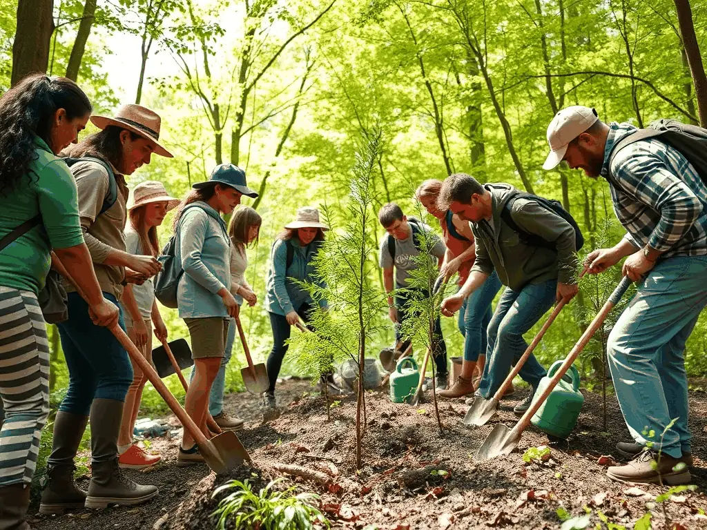 A group of volunteers are planting trees in a deforested area, working together to restore the ecosystem. The image conveys a sense of community and environmental stewardship. This image represents the community engagement initiatives of A FLEUR DE MAREE - BALADES NATURE.