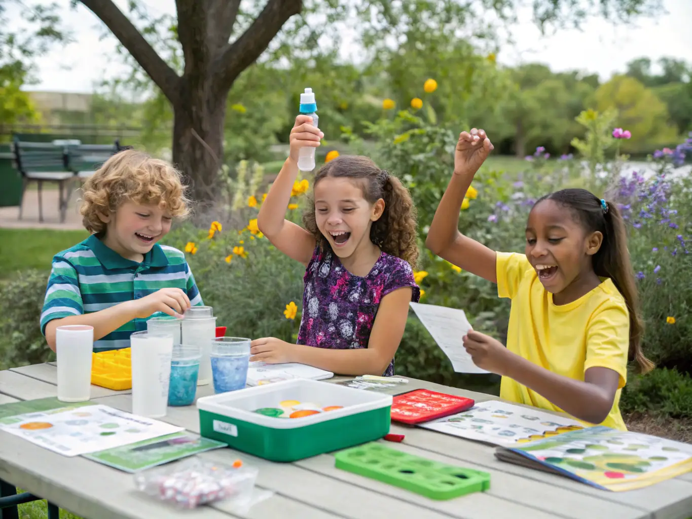 A photograph capturing a group of children participating in a hands-on nature workshop, learning about plant life and ecosystems, set in a sunny outdoor environment.