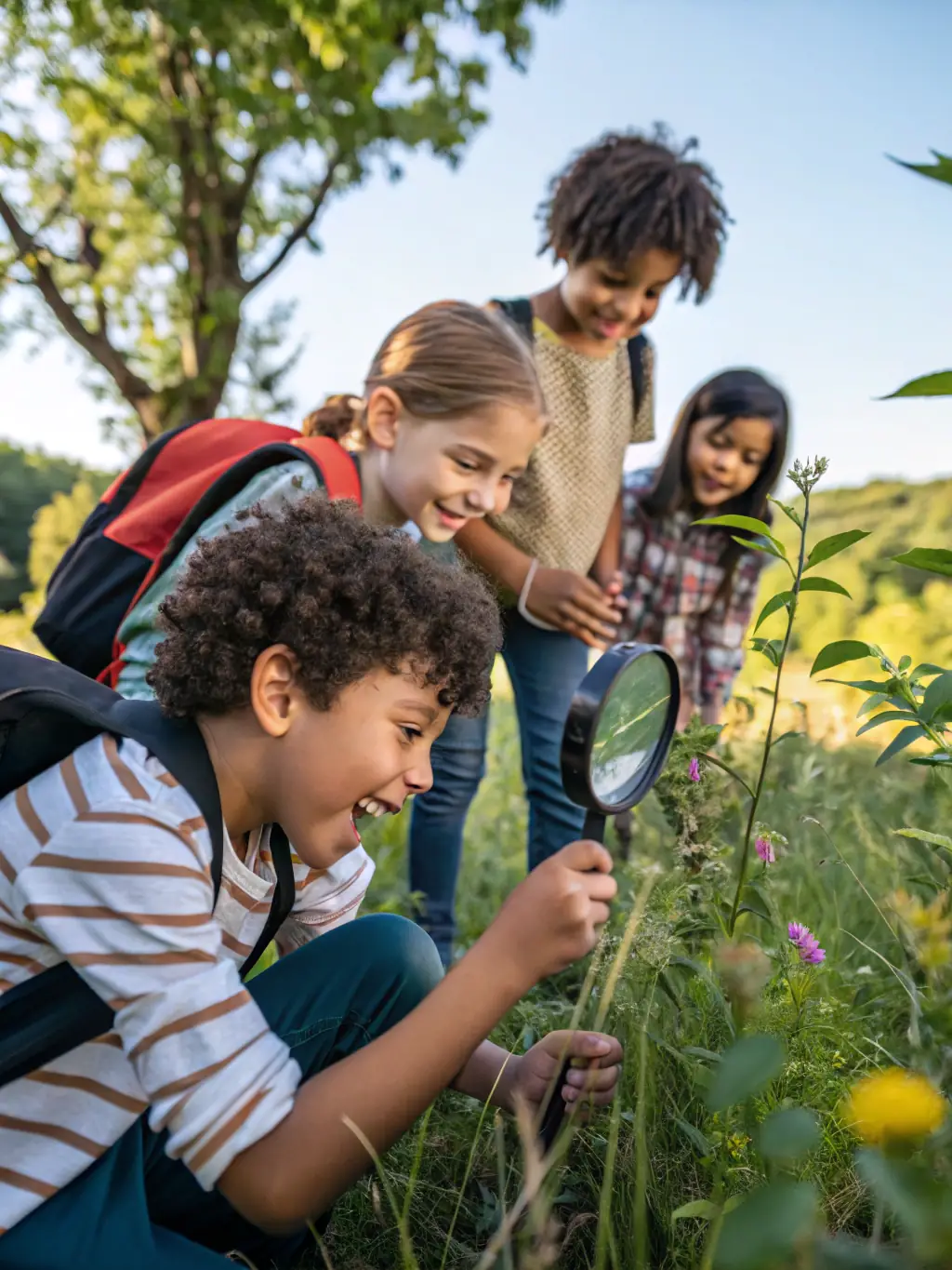 A photograph capturing a group of children participating in a guided nature walk, identifying local plant species with the help of a naturalist, set in a lush coastal environment.
